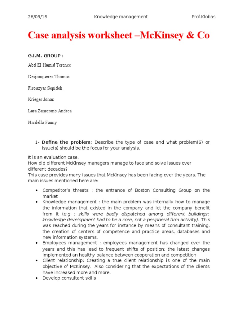 Case Analysis Worksheet McKinsey PDF Mc Kinsey & Company