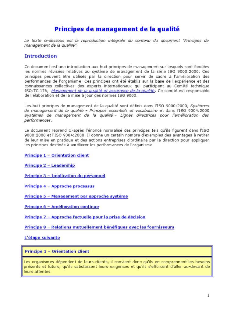 Huit principes de management qualité | PDF | Management de la qualité ...