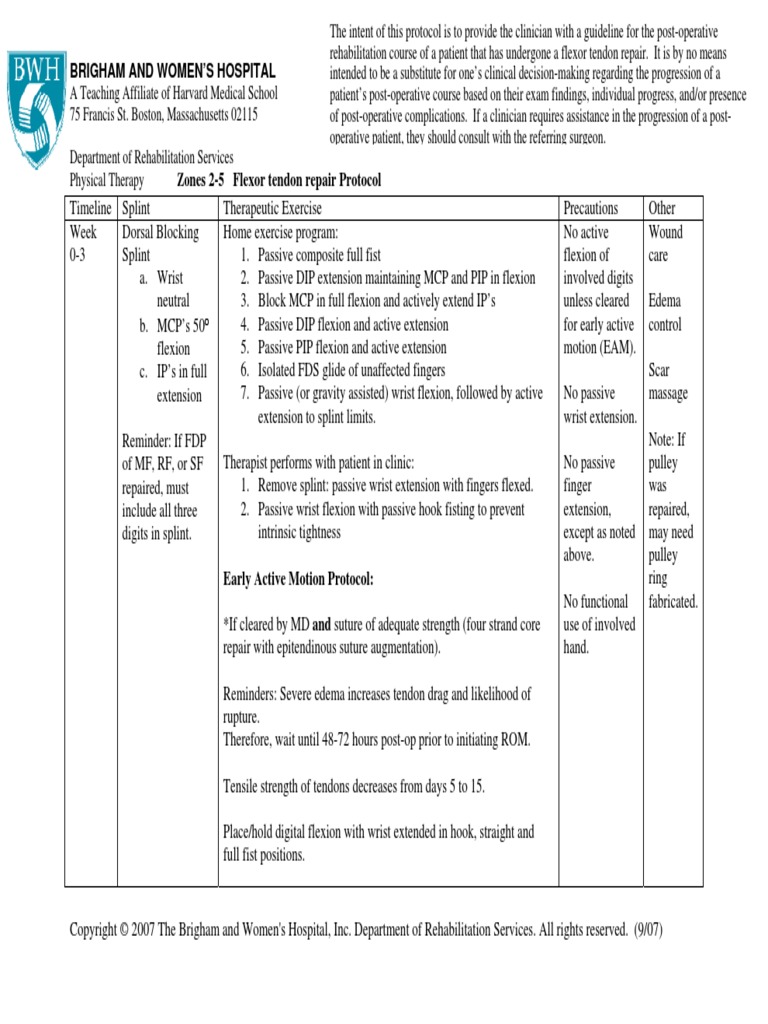 Hand - Flexor Tendon Repair OT Protocol Zone 2-5 PDFHand - Flexor Tendon Repair OT Protocol Zone 2-5 PDF