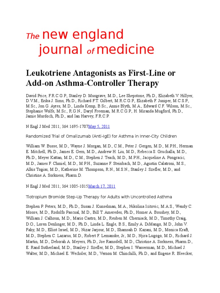 New England Journal Medicine Leukotriene Antagonists As FirstLine or