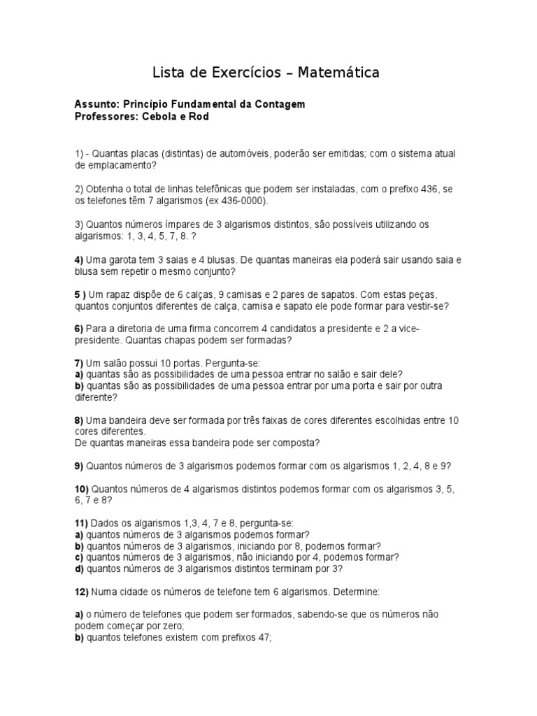 Exercícios sobre Princípio da Contagem | PDF | Telefone | Cor