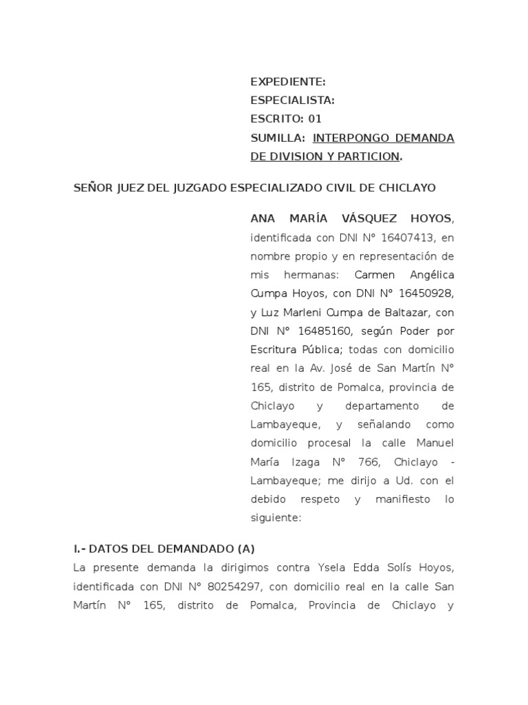 Demanda de Division y Particion | PDF | Condominio | Demanda judicial