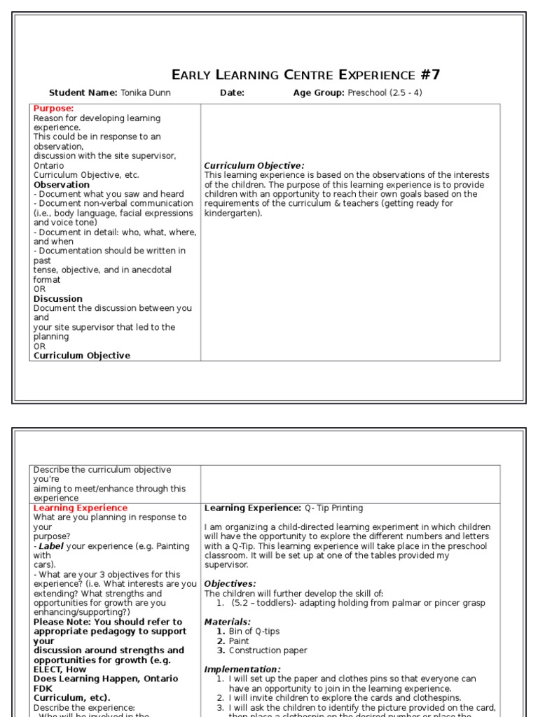 Preschool Q-Tip Printing Activity Plan | PDF | Science & Mathematics