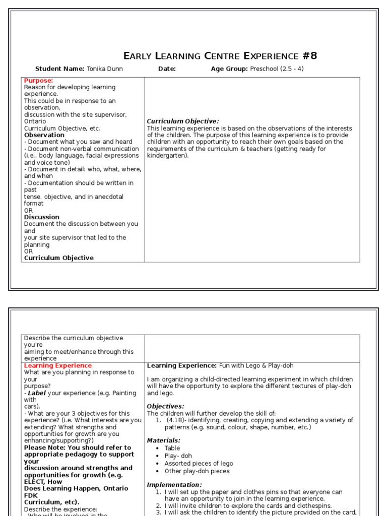 Preschool Learning Experience Plan | PDF | Curriculum | Cognition