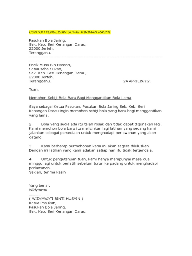 Contoh Penulisan Surat Kiriman Rasmi