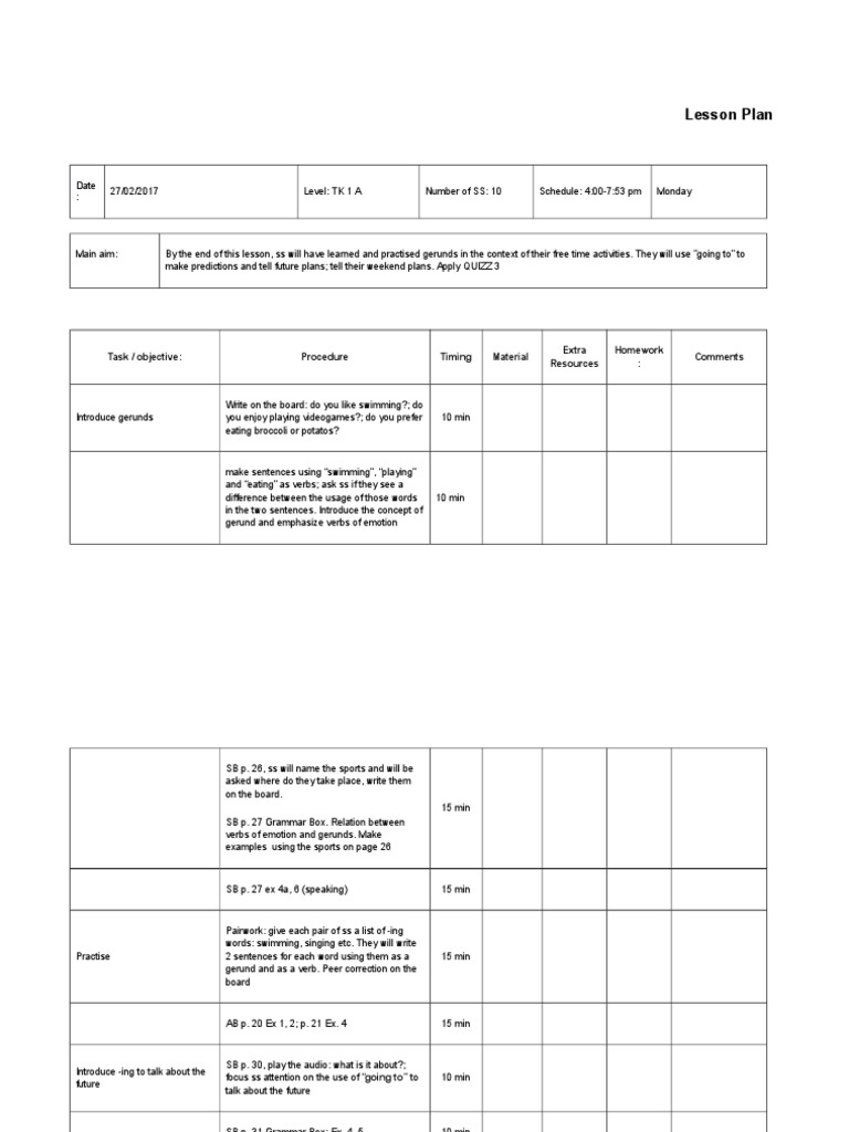 Lesson Plan Task / Objective Procedure Timing Material Extra