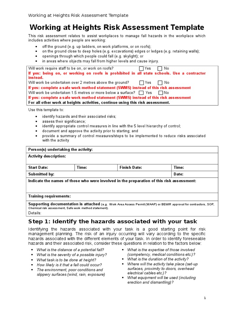 Working Heights Risk Assessment Template