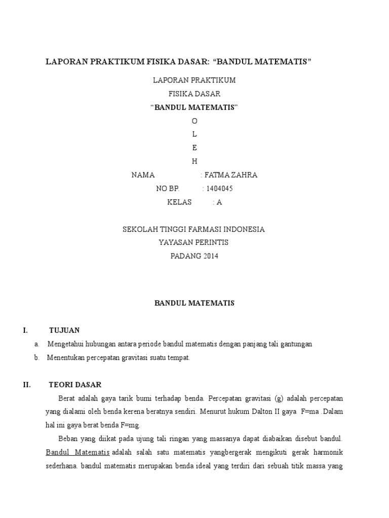 Laporan Praktikum Fisika Dasar Bandul Matematis