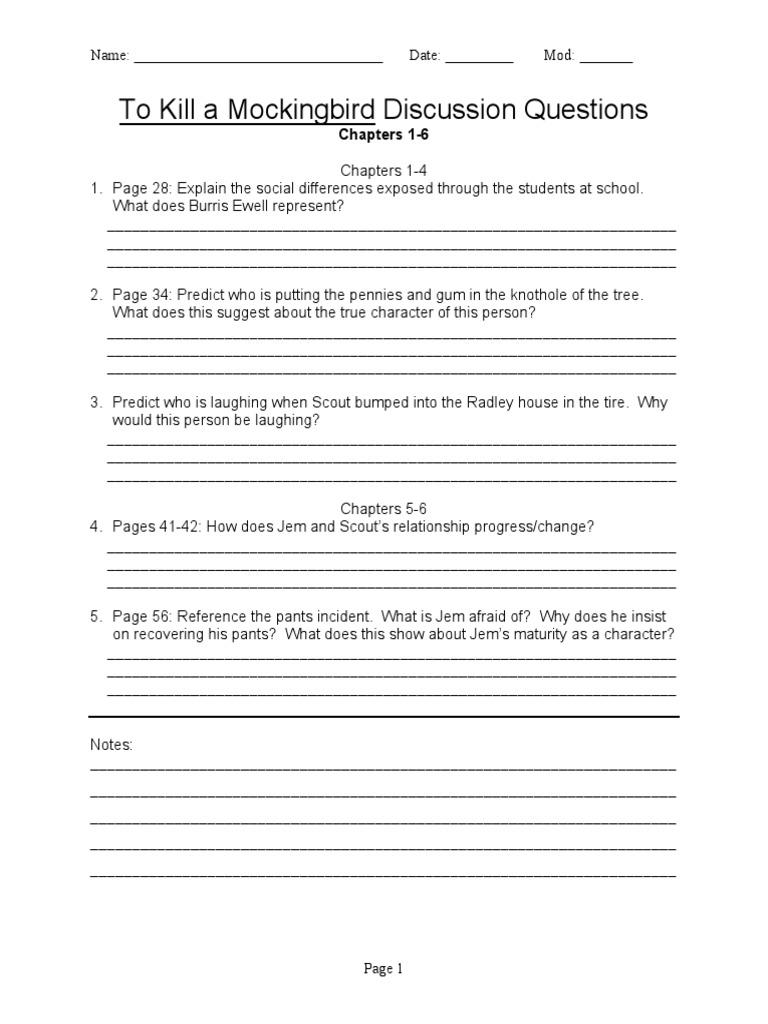 To Kill A Mockingbird Discussion Questions Handout To Kill A Mockingbird