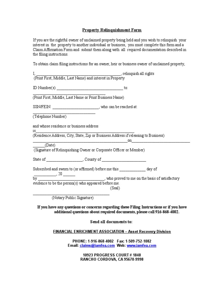 Property Relinquishment Form Pdf