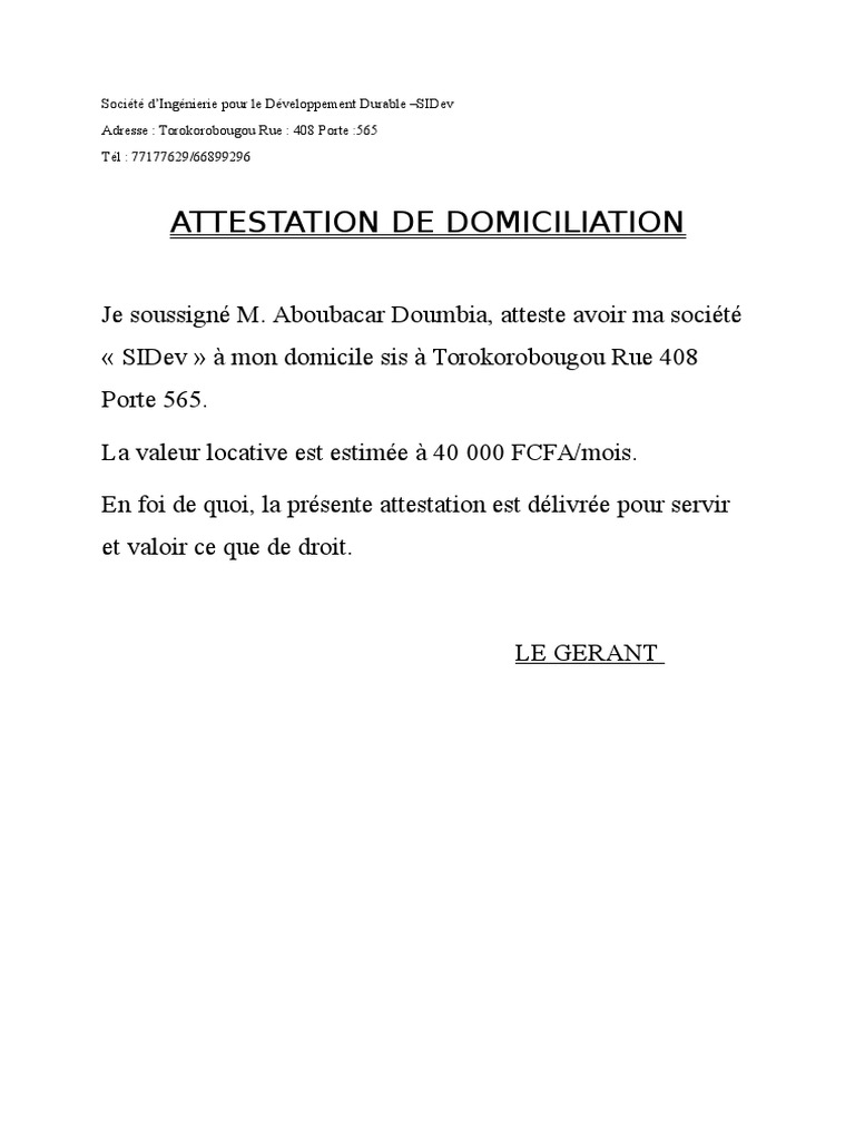 Attestation de Domiciliation