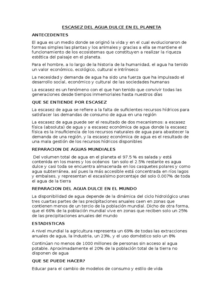 Escasez de Agua Dulce en el Mundo | PDF | Escasez de agua | Agua dulce