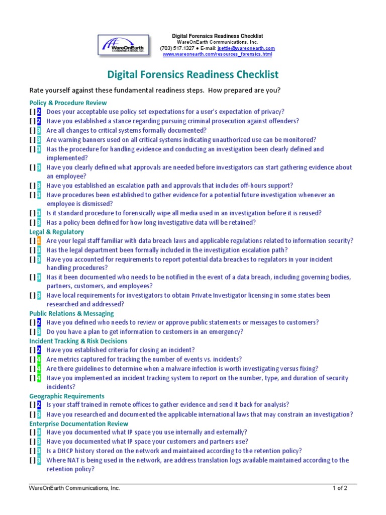 Forensic Readiness Checklist Digital Forensics Computer Network