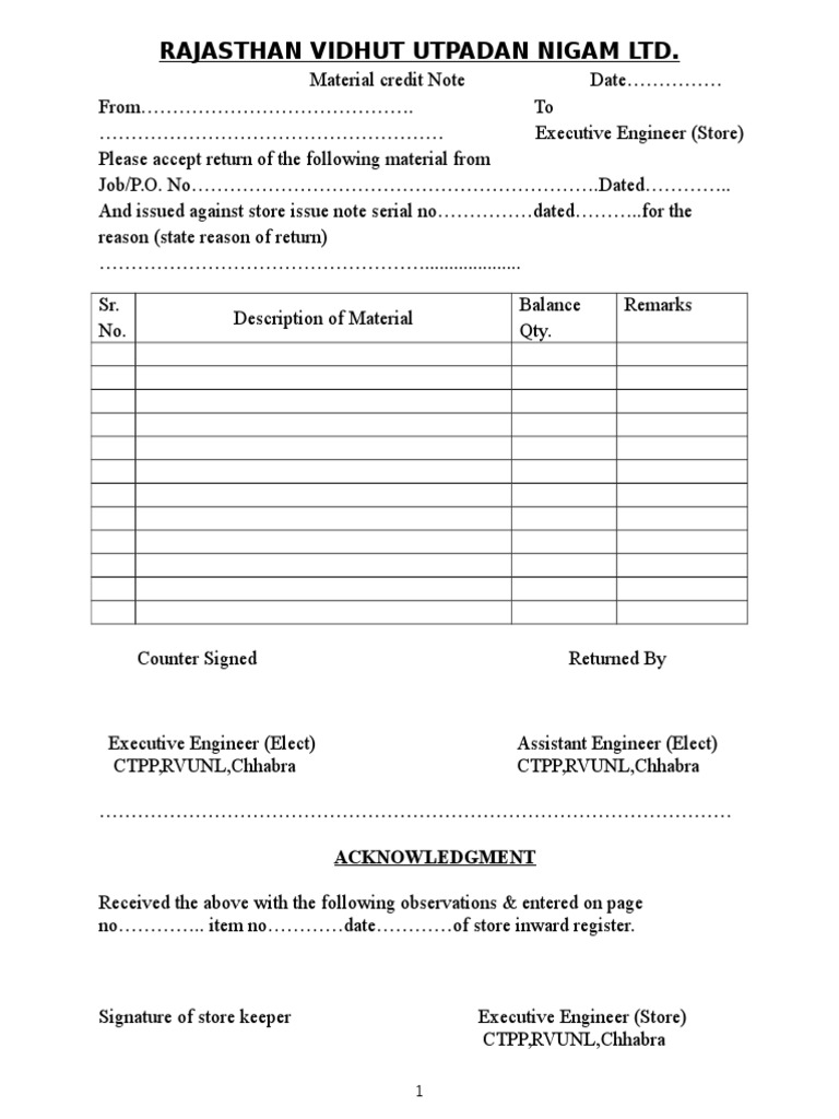 Rajasthan Vidhut Material Credit Note | PDF | Relay | Switch