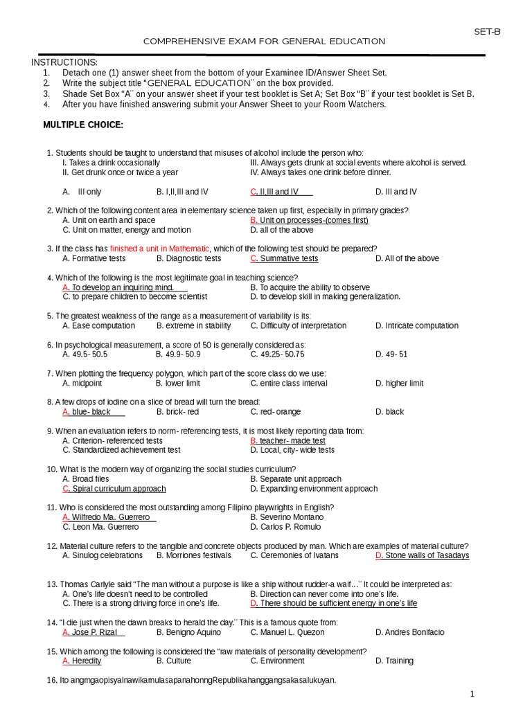General Education Comprehensive Exam Set B | PDF | Test (Assessment ...