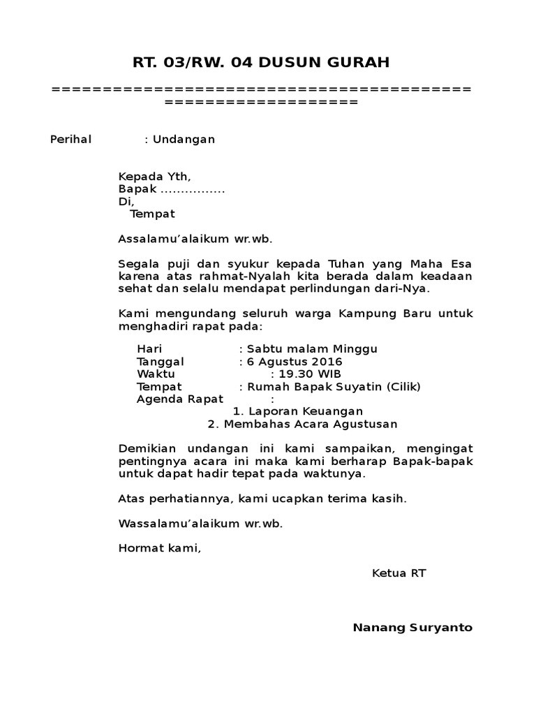 Contoh Surat Undangan Rapat Rt