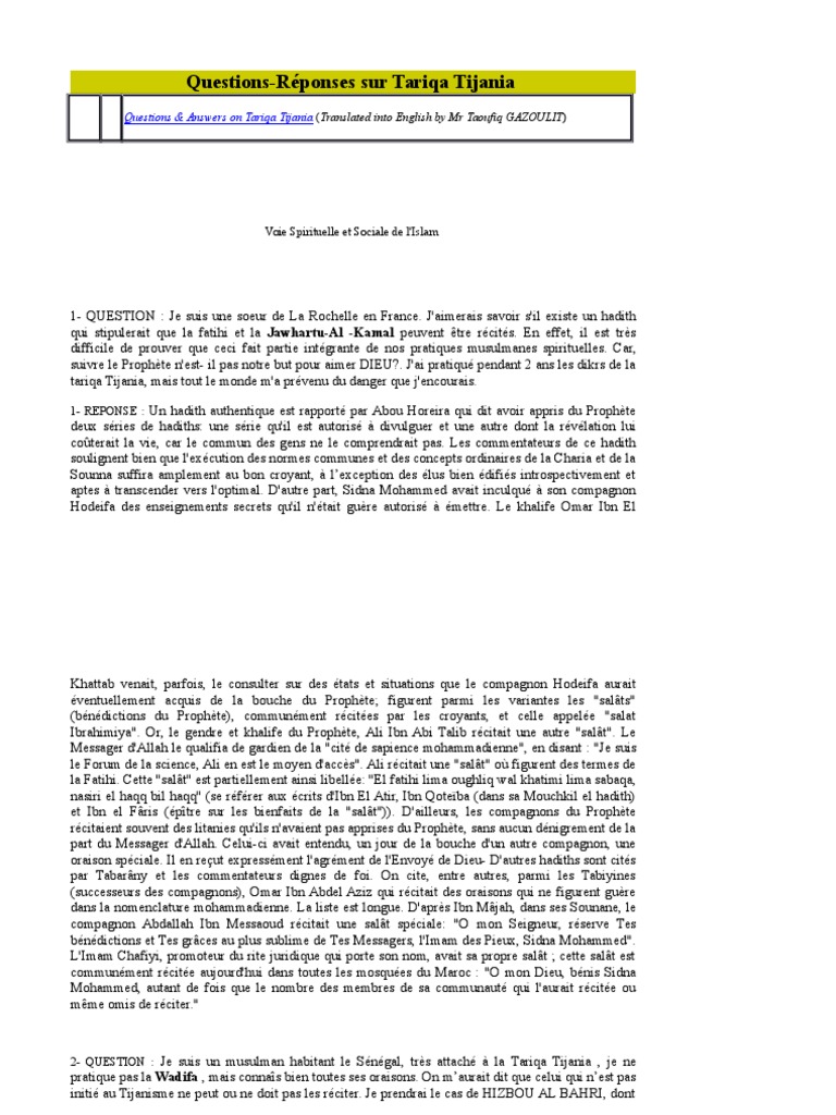 Allahou La Ilaha Illa Houwa Al Hayou Al Qayoum Questions Reponses Tidjania | PDF | Hadîth | Mahomet