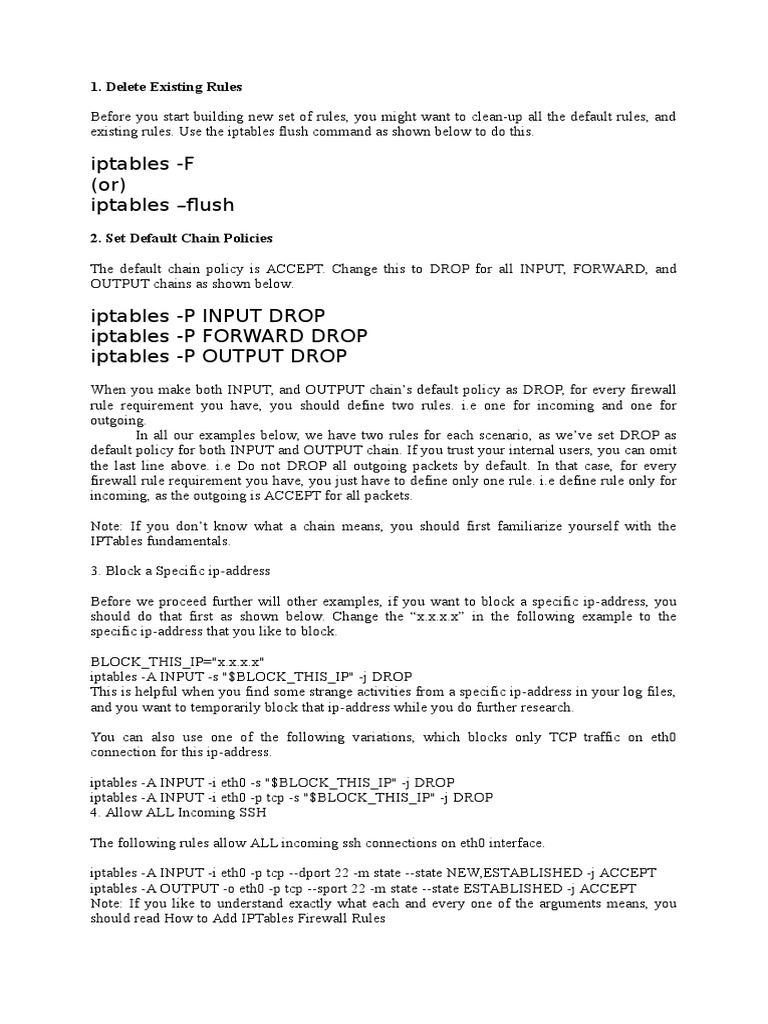 Iptables F (Or) Iptables Flush 1. Delete Existing Rules PDF