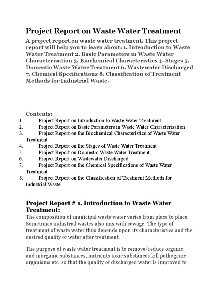 Project Report on Waste Water Treatment Sewage Treatment Wastewater