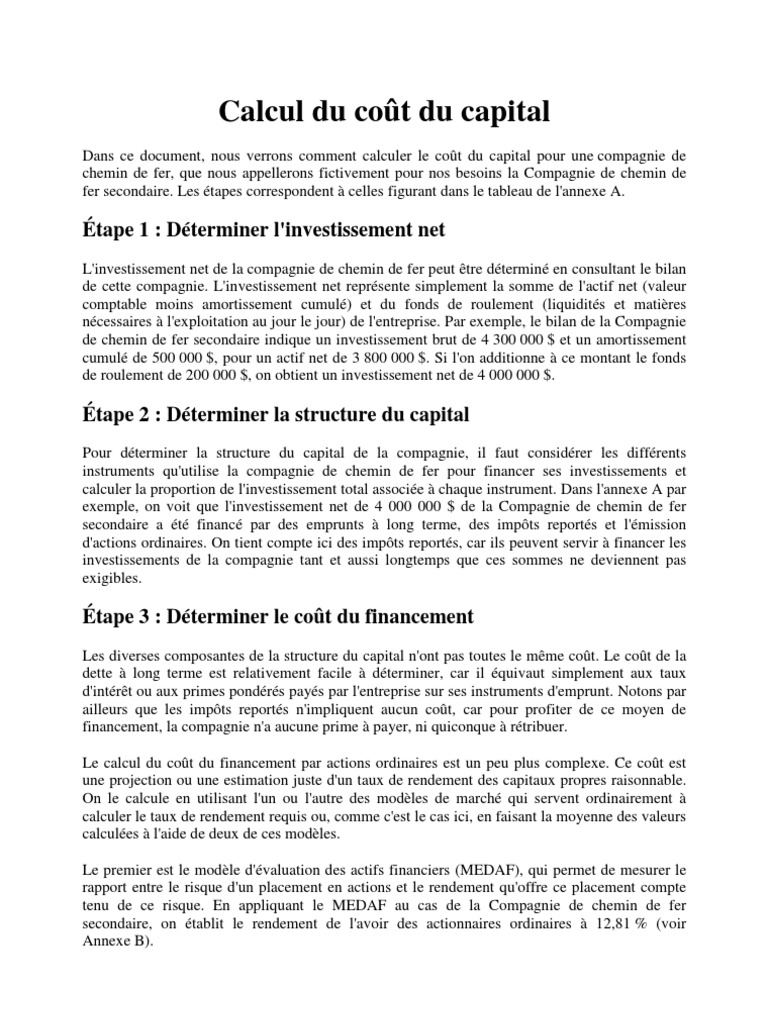 Calcul du coût du capital Capitaux propres Investir