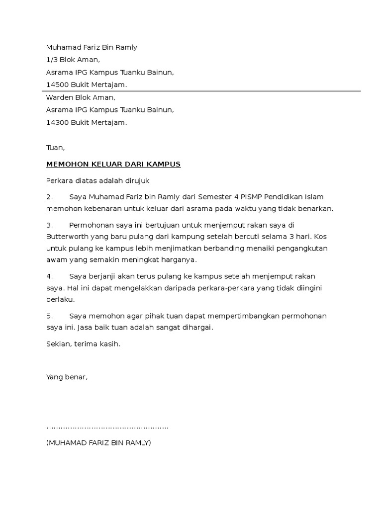 Pelepasan Contoh Surat Rasmi Memohon Kebenaran Pulang Awal Pelepasan Contoh Surat Rasmi Memohon Kebenaran Pulang Awal