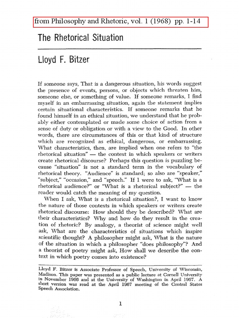 01 - 2016 - Bitzer (1968) - The Rhetorical Situation PDF | PDF ...