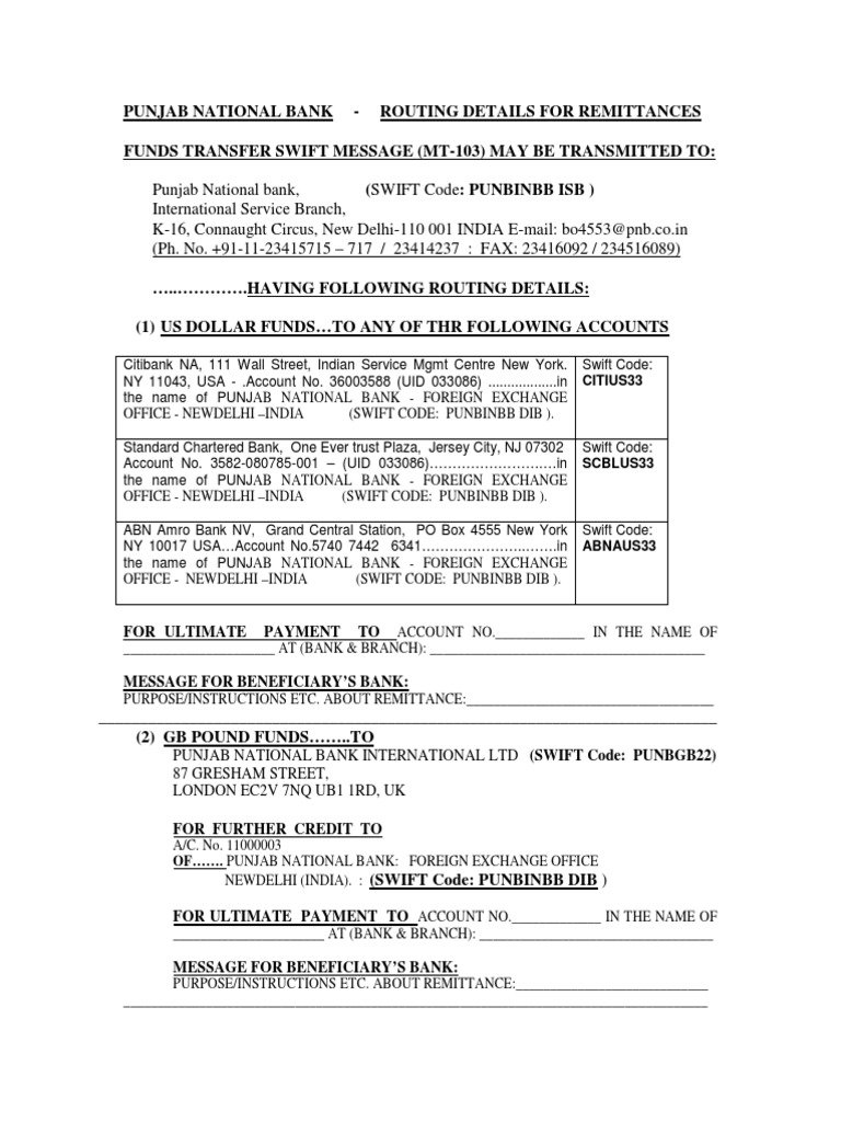 Routing Details To Remit Funds To Punjab National Bank Banks - 