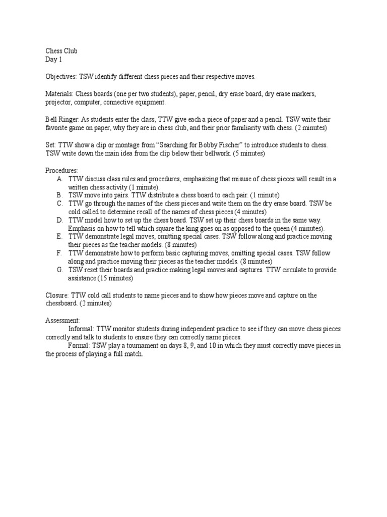 Beginner Chess Club Lesson Plans | PDF | Chess | Traditional Board Games