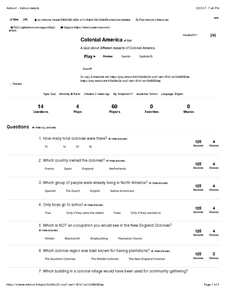 Kahoot Kahoot Details PDF Colonial History Of The United States