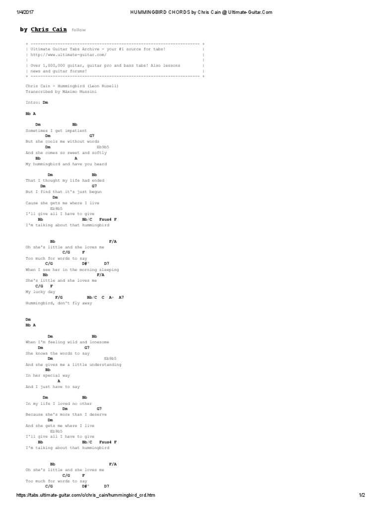 HUMMINGBIRD CHORDS by Chris Cain at Ultimate-Guitar | PDF