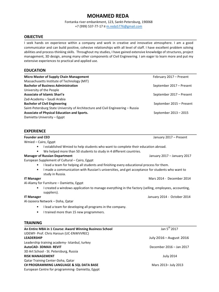 CV Mohamed Reda | Engineering | Science And Technology | Free 30-day ...