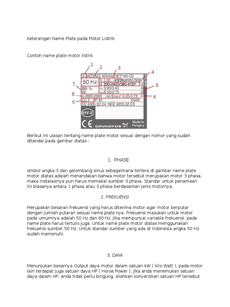 Keterangan Name Plate Pada Motor Listrik PDF