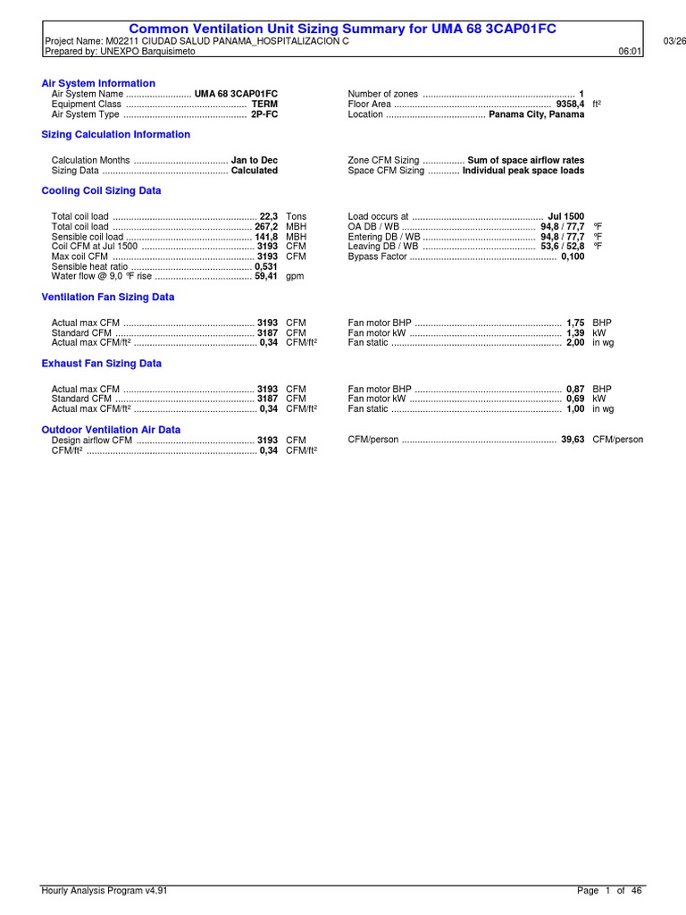 Common Ventilation Unit Sizing Summary For UMA 68 3CAP01FC: Air System ...