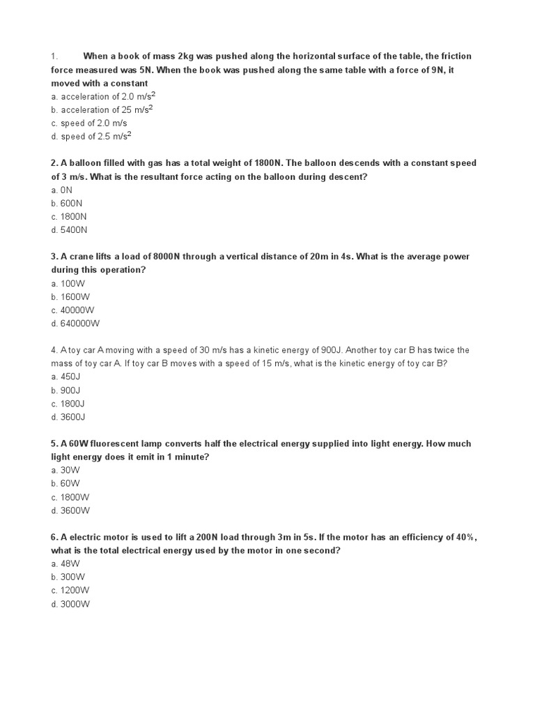 Force Questions | PDF | Kinetic Energy | Force