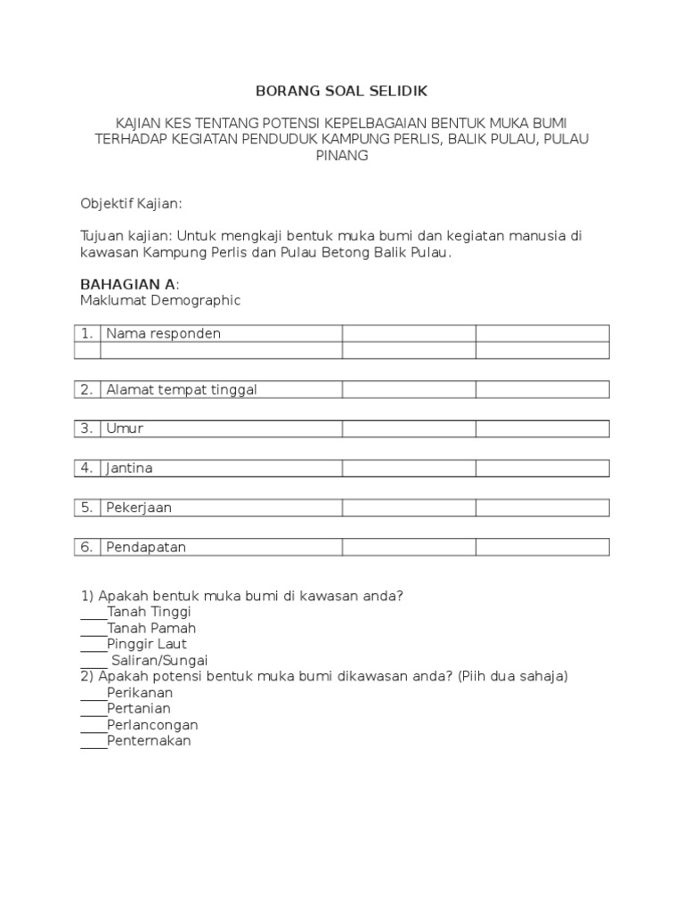 Contoh Borang Soal Selidik Geografi Bentuk Muka Bumi