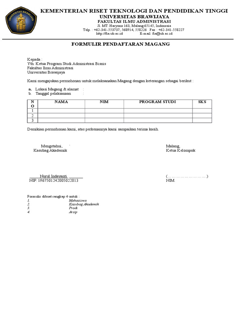 Formulir Pendaftaran Magang dan KKN | PDF