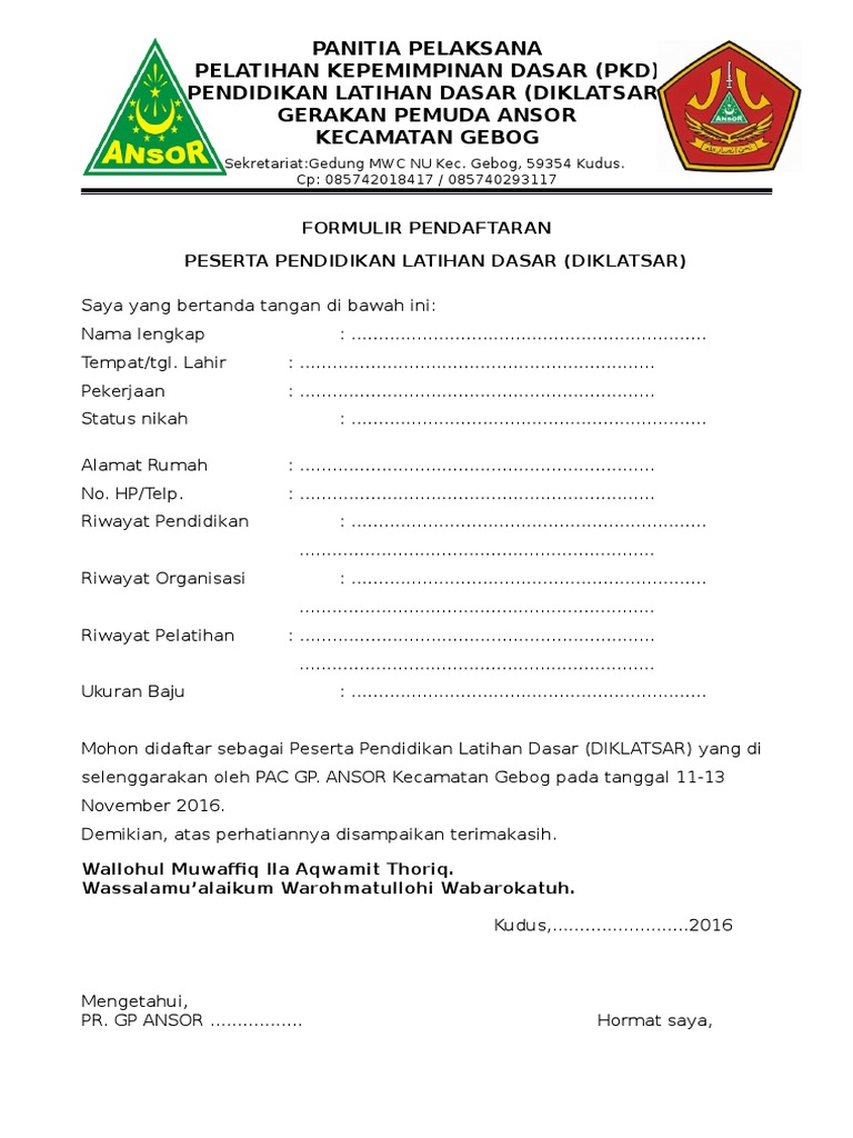 Formulir Pendaftaran Pkd Dan Diklatsar