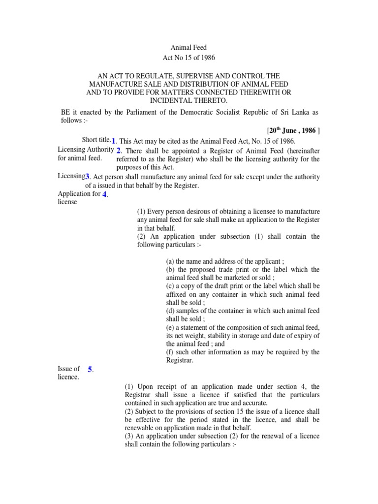 SL Animal Feed Act No 15 of 1986 PDF Legal Personality Animal Feed