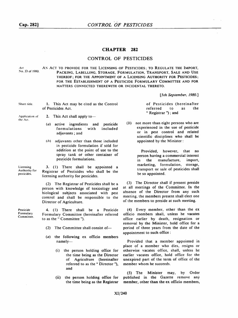 Control of Pesticides Act, No. 33 of 1980 PDF Pesticide License