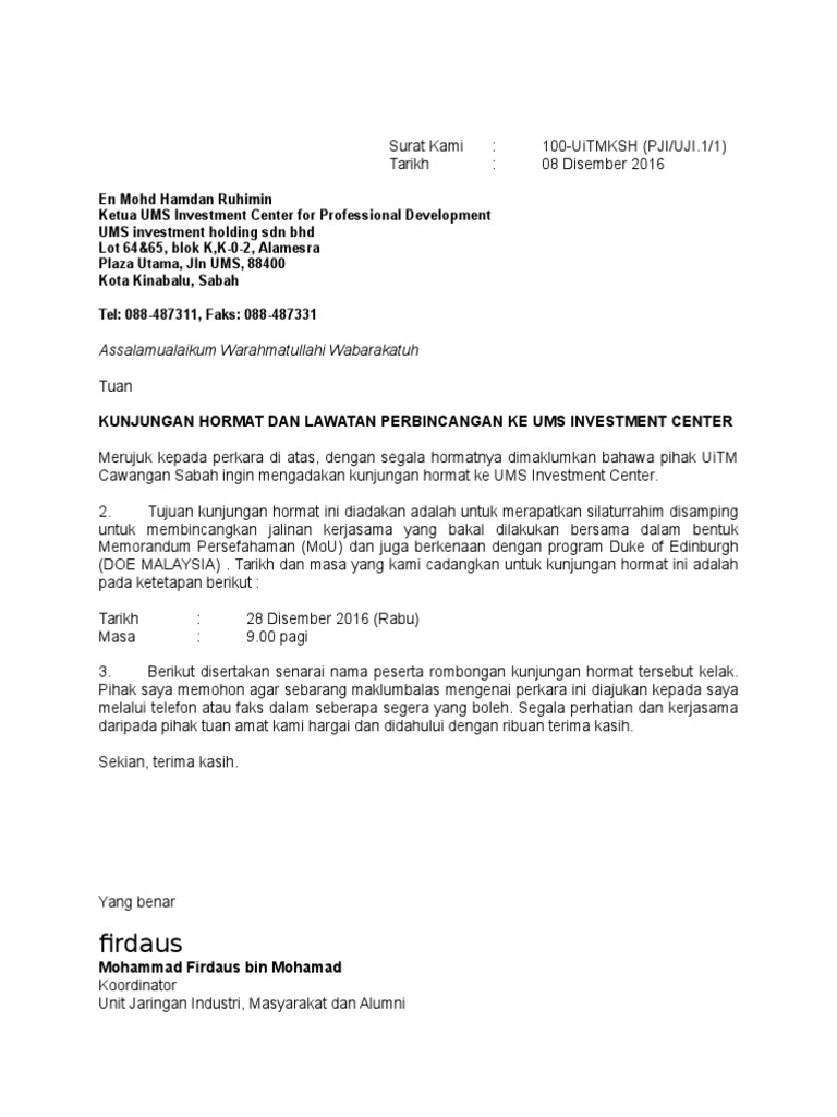 Contoh Surat Melakukan Kunjungan Hormat