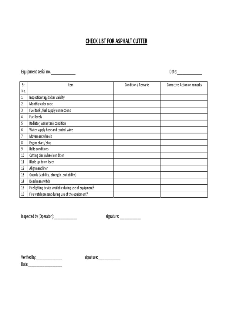Check List For Asphalt Cutter PDF