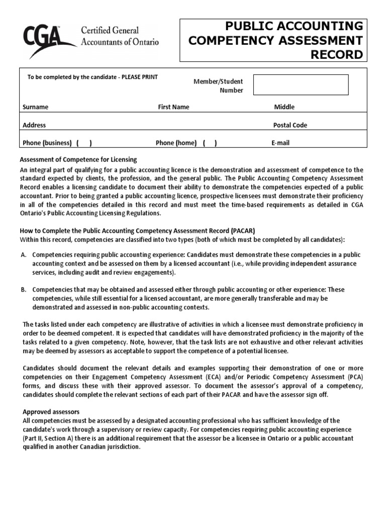 Public Accounting Competency Assessment Record To be completed by the