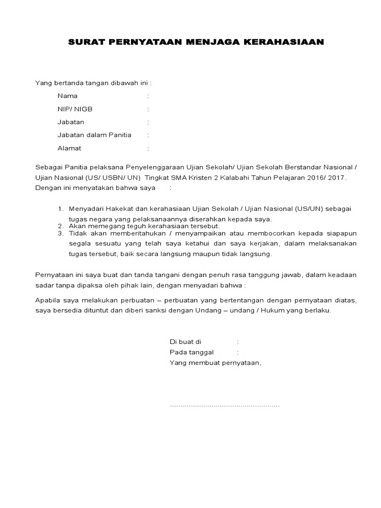 Surat Pernyataan Kesanggupan Menjaga Rahasia Perusahaan