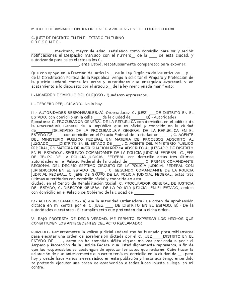 Modelo de Amparo contra Orden de Aprehensión | PDF | Policía | Juez