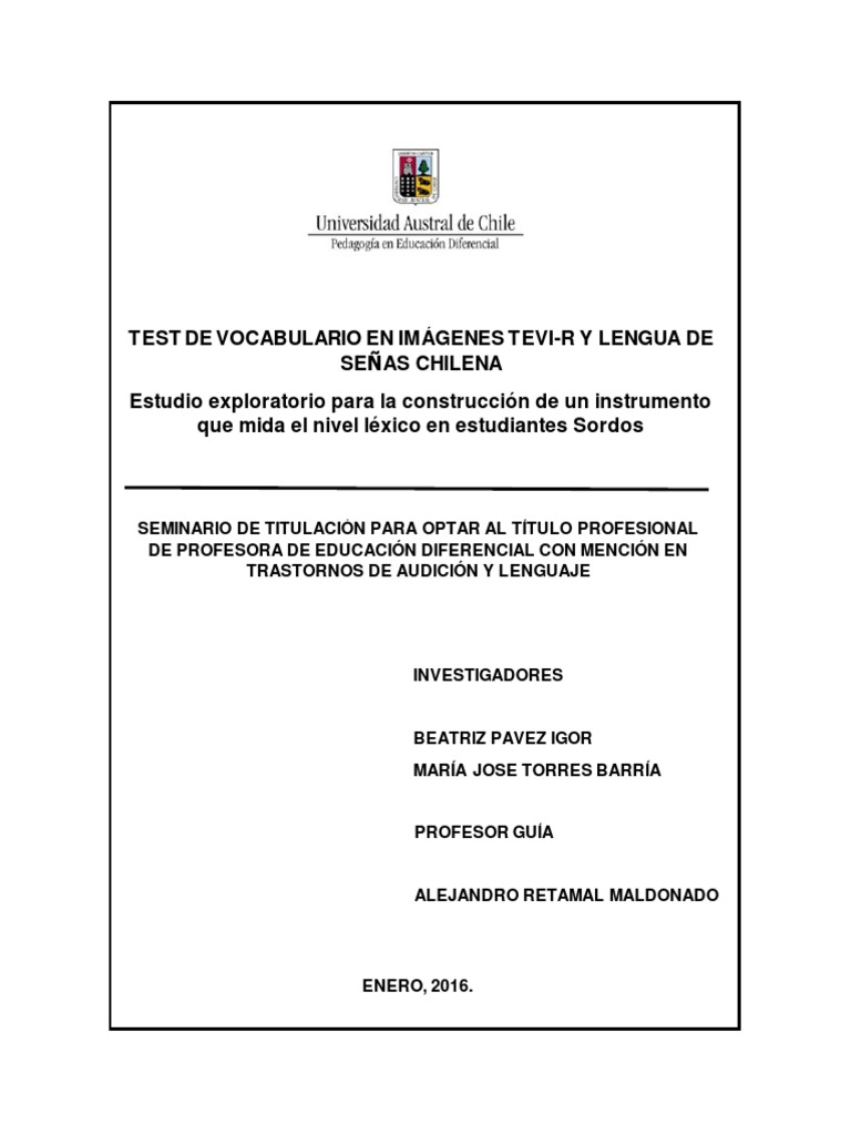 Test de Vocabulario en Imágenes Tevi-R y Lengua de Señas Chilena | PDF ...
