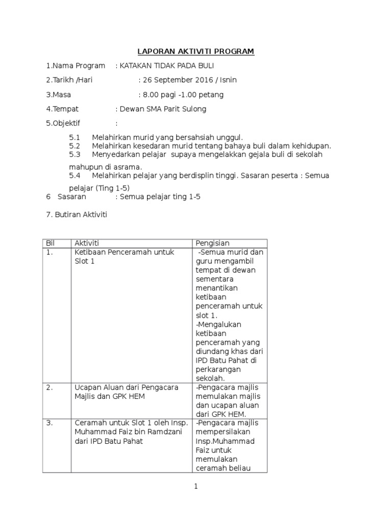 Laporan Aktiviti Program Buli