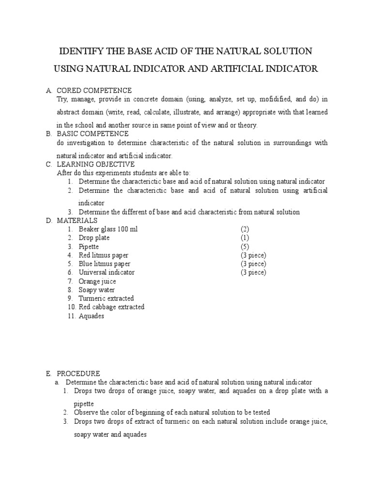 Identify The Base Acid of The Natural Solution Using Natural Indicator