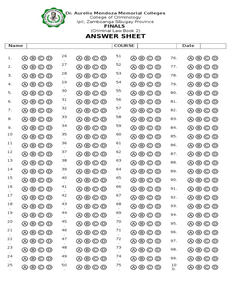 Multiple Choice Answer Sheet Morality Criminology