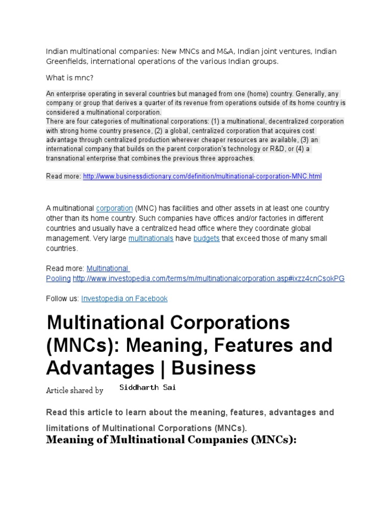 Indian Multinational Companies Multinational Corporation Profit Economics