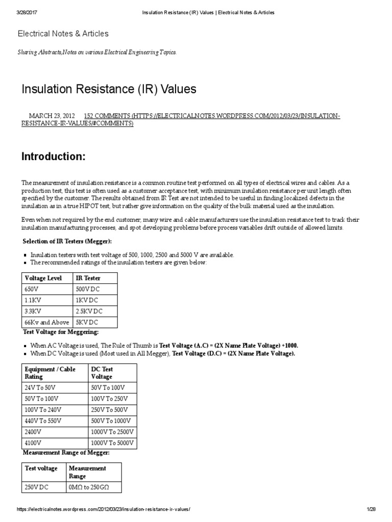 Insulation Resistance (IR) Test Values | PDF | Transformer | Insulator ...